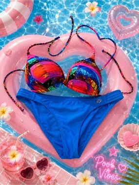 Women's Blue Bikini Bottom with Multicolor Printed Top - [Brand]